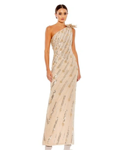 MAC DUGGAL GOLD EMBELLISHED FLORAL DETAIL ONE SHOULDER GOWN