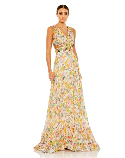 Mac Duggal Floral Print Cut Out Lace Up Tiered Gown In Multi