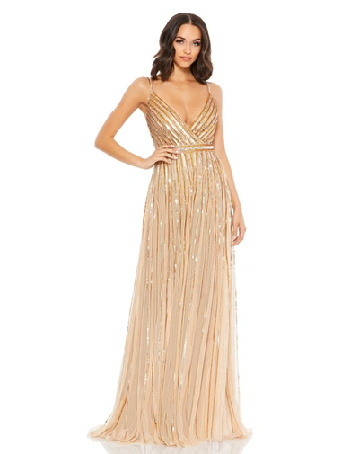 Mac Duggal Sequined Wrap Over Sleeveless Gown In Nude Gold