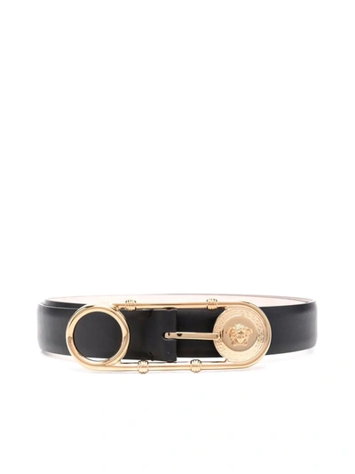 Versace Safety Pin-buckle Leather Belt In Black