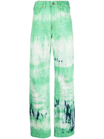 Darkpark Flamed Tie Dye Cotton Wide Jeans In Green