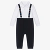 Guess Baby Boys White & Blue Cotton Romper In Blue