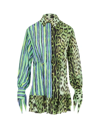Roberto Cavalli Mix-print Shirt Dress In Lime