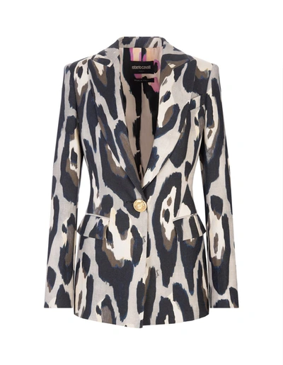 Roberto Cavalli Animal-print Tailored Blazer In Grey