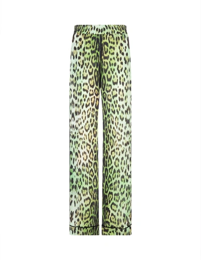 Roberto Cavalli Leopard-print Straight-leg Trousers In Lime