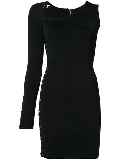 Balmain Woman Asymmetric Lace-up Stretch-knit Mini Dress Black
