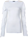 Balmain Button-detail Ruffle-sleeves Top In White
