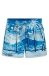 Bugatchi Tropical Landscape Print Swim Trunks In Classic Blue