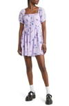 Bp. Shirred Puff Sleeve Cotton Prairie Dress In Purple Spray Glitch Floral