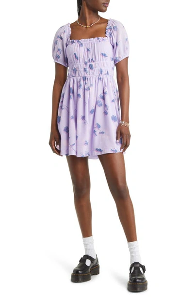 Bp. Shirred Puff Sleeve Cotton Prairie Dress In Purple Spray Glitch Floral