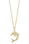 EFFY 14K GOLD DIAMOND & 2-3MM CULTURED PEARL DOLPHIN NECKLACE