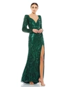 Mac Duggal Green Sequined Sweetheart Long Sleeve Gown In Forest Green