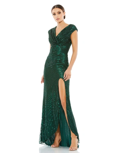 Mac Duggal Cap Sleeve Sequined Evening Gown In Forest Green