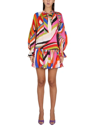 Pucci Muslin Iride Print Mini Dress W/ Frills In Multicolor
