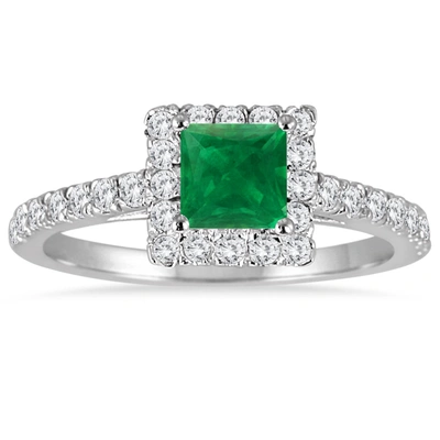 Monary 1 Carat Tw Genuine Princess Cut Emerald And Diamond Halo Engagement Ring In 14k White Gold In Green