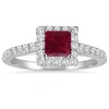 MONARY 1 CARAT TW PRINCESS CUT RUBY AND DIAMOND HALO ENGAGEMENT RING IN 14K WHITE GOLD