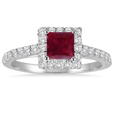 Monary 1 Carat Tw Princess Cut Ruby And Diamond Halo Engagement Ring In 14k White Gold In Red