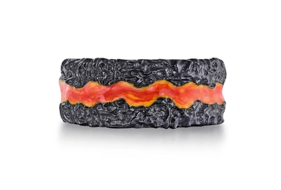 Monary Fire In My Soul Black Rhodium Plated Sterling Silver Textured Red Orange Enamel Band Ring