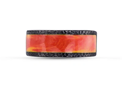 Monary Mista Lava Black Rhodium Plated Sterling Silver Textured Red Orange Enamel Band Ring