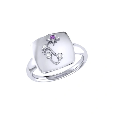 Monary Aquarius Water-bearer Amethyst & Diamond Constellation Signet Ring In Sterling Silver In White