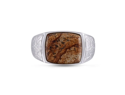 Monary Brown Picasso Jasper Stone Signet Ring In 14k Yellow Gold Plated Sterling Silver In Multi