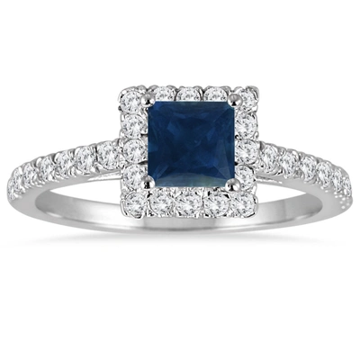 Monary 1 Carat Tw Princess Cut Genuine Sapphire And Diamond Halo Engagement Ring In 14k White Gold In Blue