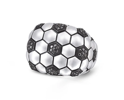 Monary Kick & Goal Soccer Black Rhodium Plated Sterling Silver Black Diamond Head Ring In White