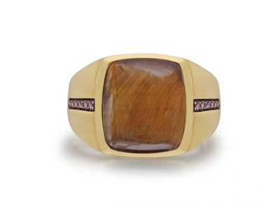 Monary Chatoyant Yellow Tiger Eye Stone & Champagne Diamond Signet Ring In 14k Yellow Gold Plated Sterling In Brown