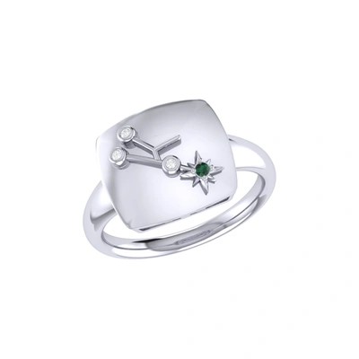 Monary Taurus Bull Emerald & Diamond Constellation Signet Ring In Sterling Silver In White