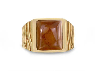 Monary Cracked Agate Stone Signet Ring In Brown Rhodium & 14k Yellow Gold Plated Sterling Silver