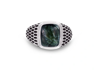 Monary Seraphinite Stone Signet Ring In Black Rhodium Plated Sterling Silver In White