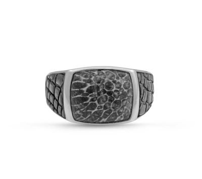 Monary Fossil Agate Stone Signet Ring In Black Rhodium Plated Sterling Silver