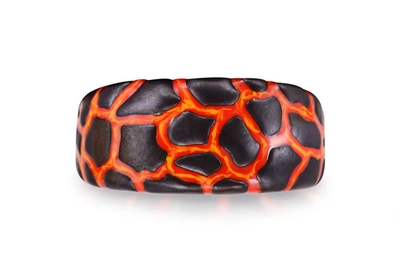 Monary Earth & Fire Black Rhodium Plated Sterling Silver Textured Red Orange Enamel Band Ring In Brown
