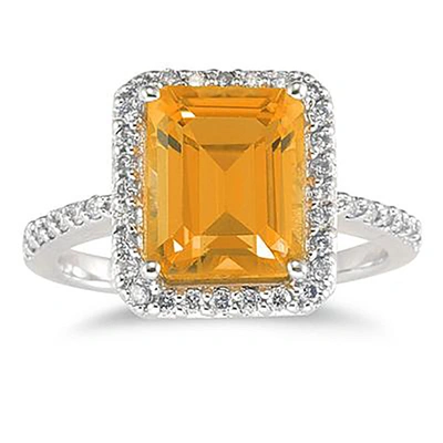 Monary Citrine And Diamond Halo Cocktail Ring In 14k White Gold In Yellow