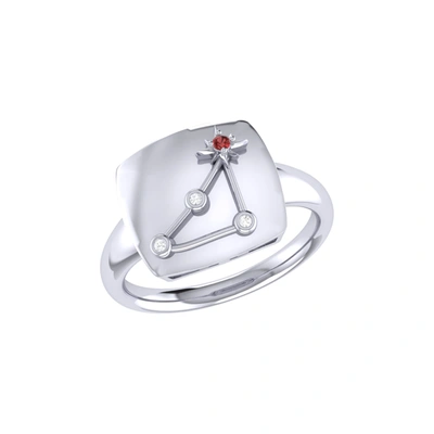 Monary Capricorn Goat Garnet & Diamond Constellation Signet Ring In Sterling Silver In White