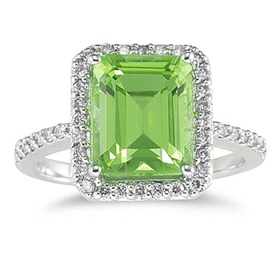 Monary Peridot And Diamond Halo Cocktail Ring In 14k White Gold In Green