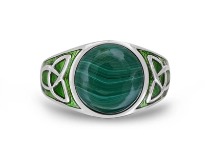 Monary Malachite Cabochon Flat Back Stone Signet Ring In Sterling Silver With Enamel In Green