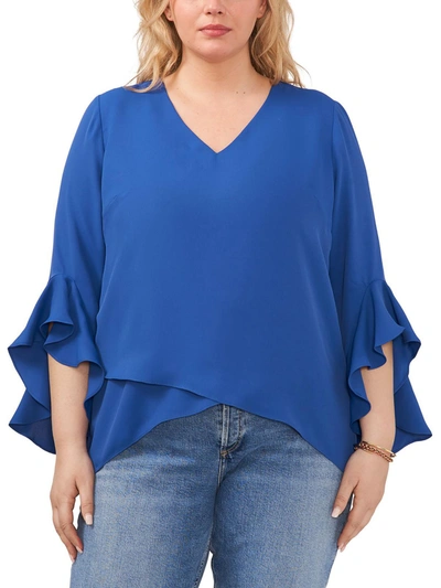 Vince Camuto Plus Womens Flutter-sleeve V-m Blouse In Blue