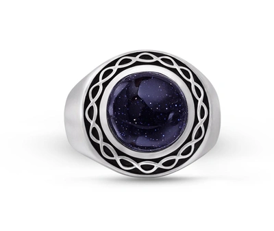 Monary Blue Sand Stone Flat Back Cabochon Signet Ring In Black Rhodium Plated Sterling Silver In Purple
