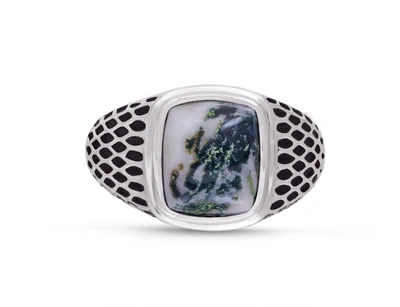 Monary Tree Agate Stone Signet Ring In Black Rhodium Plated Sterling Silver In Blue