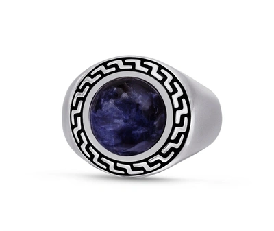 Monary Dark Blue Sodalite Stone Signet Ring In Black Rhodium Plated Sterling Silver