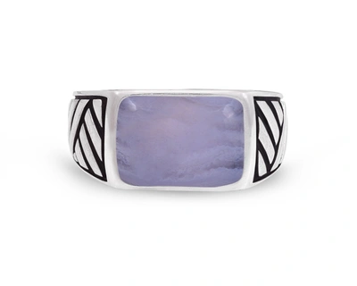 Monary Blue Lace Agate Stone Signet Ring In Black Rhodium Plated Sterling Silver