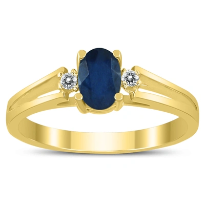 Monary 6x4mm Sapphire And Diamond Open Three Stone Ring In 10k Yellow Gold In Blue