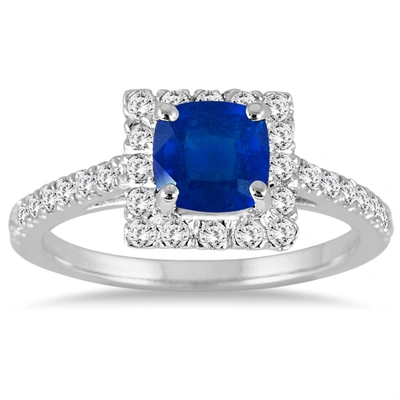 Monary Cushion Cut Sapphire And Diamond Halo Ring In 14k White Gold In Blue