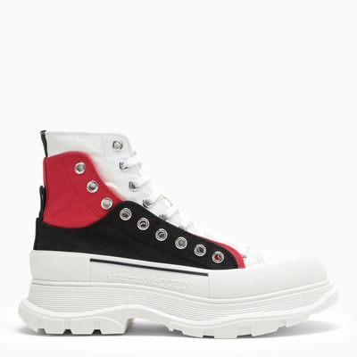 Alexander Mcqueen White Black And Red Canvas Tread Slick Lace Up Fastening Boots In Blk/l.r/wh/of.w/b./s