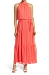 Julia Jordan Mock Neck Three Tier Maxi Dress In Hot Coral