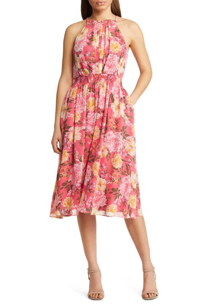 Vince Camuto Floral Halter Neck Chiffon Midi Dress In Hot Pink