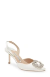Manolo Blahnik Hangisli Crystal Buckle Pointed Toe Slingback Pump In Cream