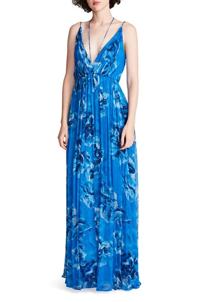 Halston Ashley V-neck Gown In Ocean Painted Floral Print