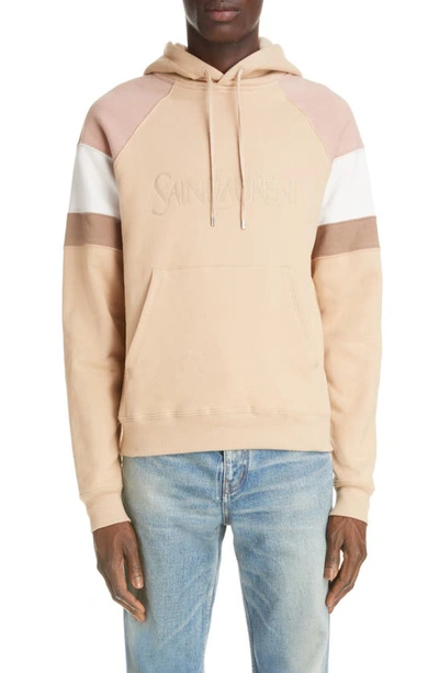 Saint Laurent Colour-block Logo Embroidery Hoodie In Rose Givre